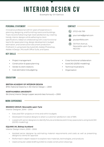 An example of a professional interior design CV on a white and dark green template that effectively highlights the candidate's name, skills, and work experience.