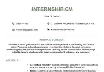 The first page of an internship CV example with green headings and sections for the applicant's personal statement, key skills, education, and work experience