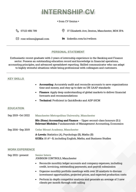 The first page of an internship CV example with green headings and sections for the applicant's personal statement, key skills, education, and work experience.