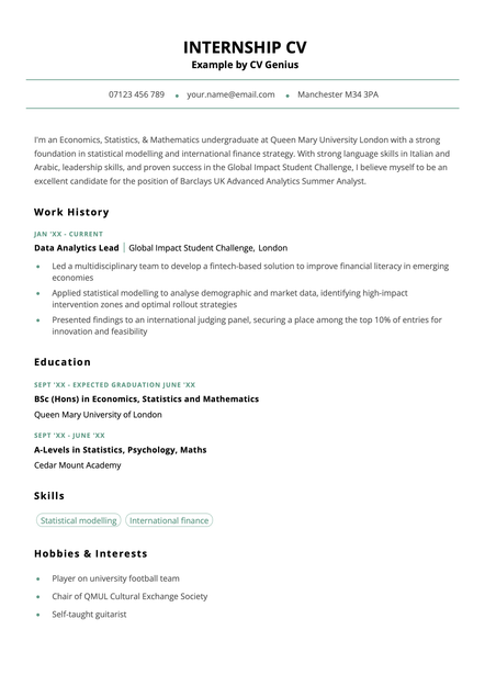 An example internship CV formatted with the Sheffield CV template