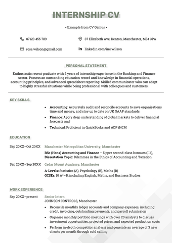The first page of an internship CV example with green headings and sections for the applicant's personal statement, key skills, education, and work experience.