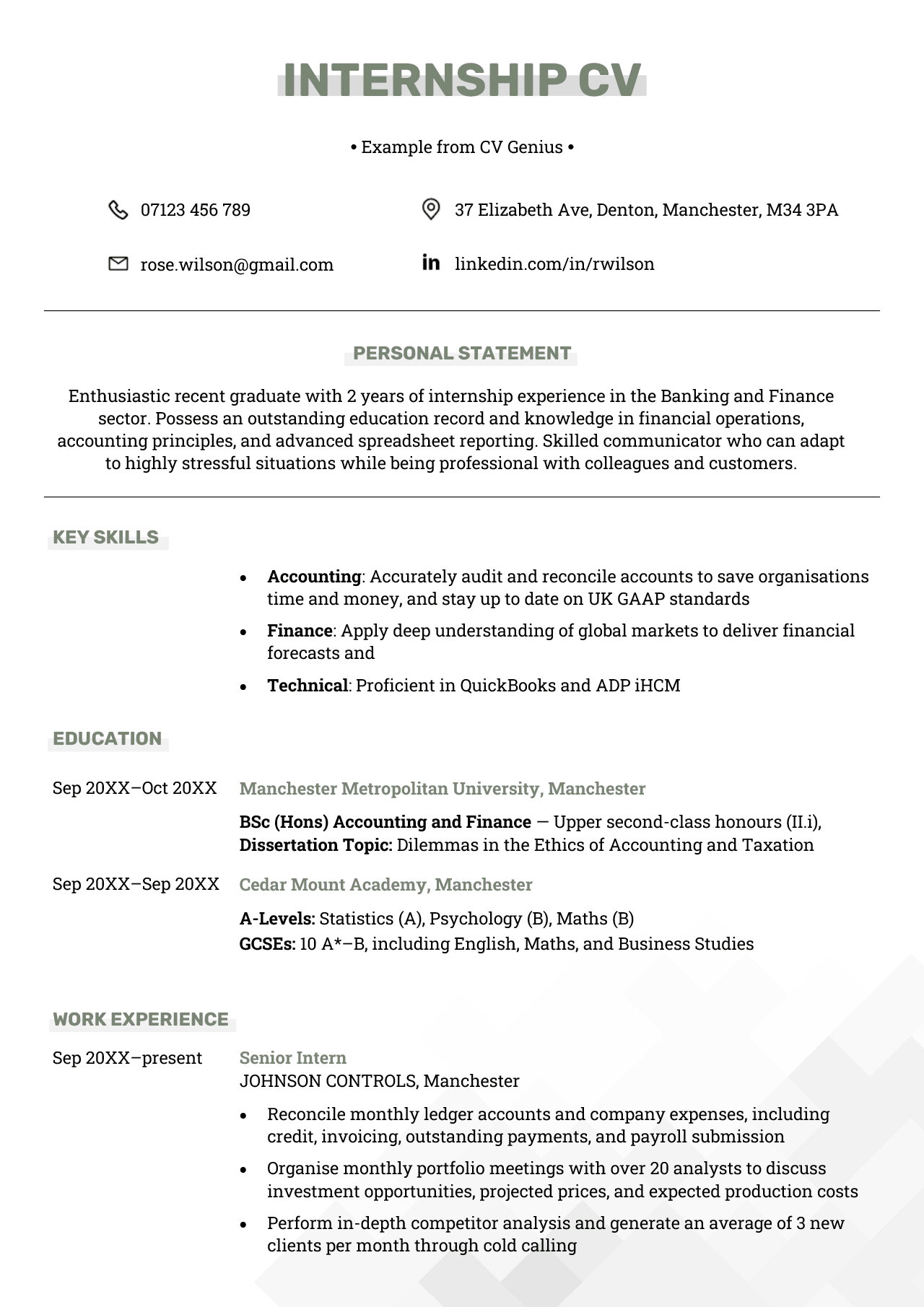 The first page of an internship CV example with green headings and sections for the applicant's personal statement, key skills, education, and work experience.