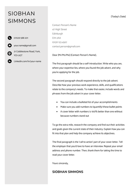 The Inverness cover letter in black.