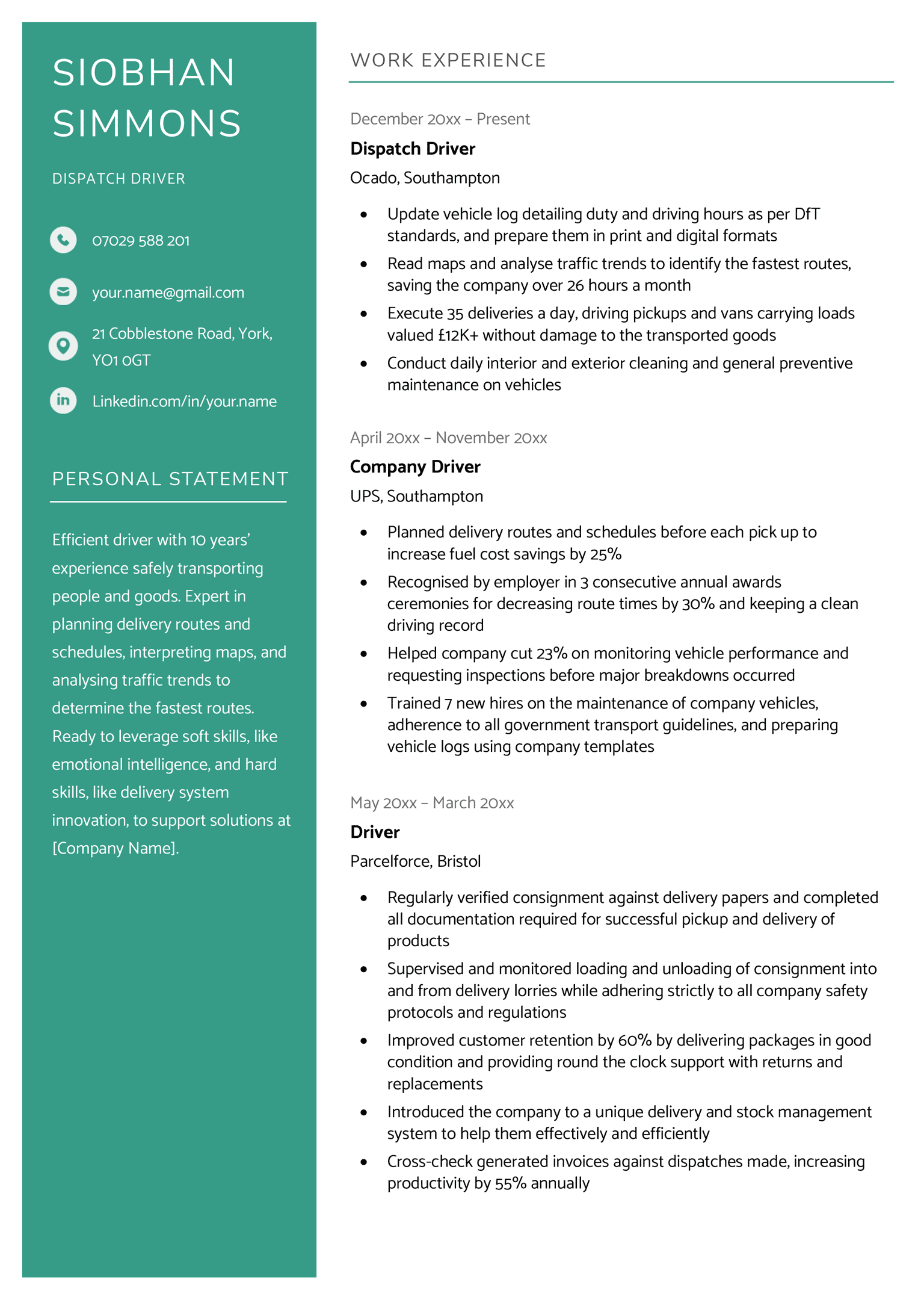 The first page of the Inverness CV template in green, which features a colourful sidebar containing the applicant's personal details and personal statement. The rest of the page is dedicated to the applicant's work experience.