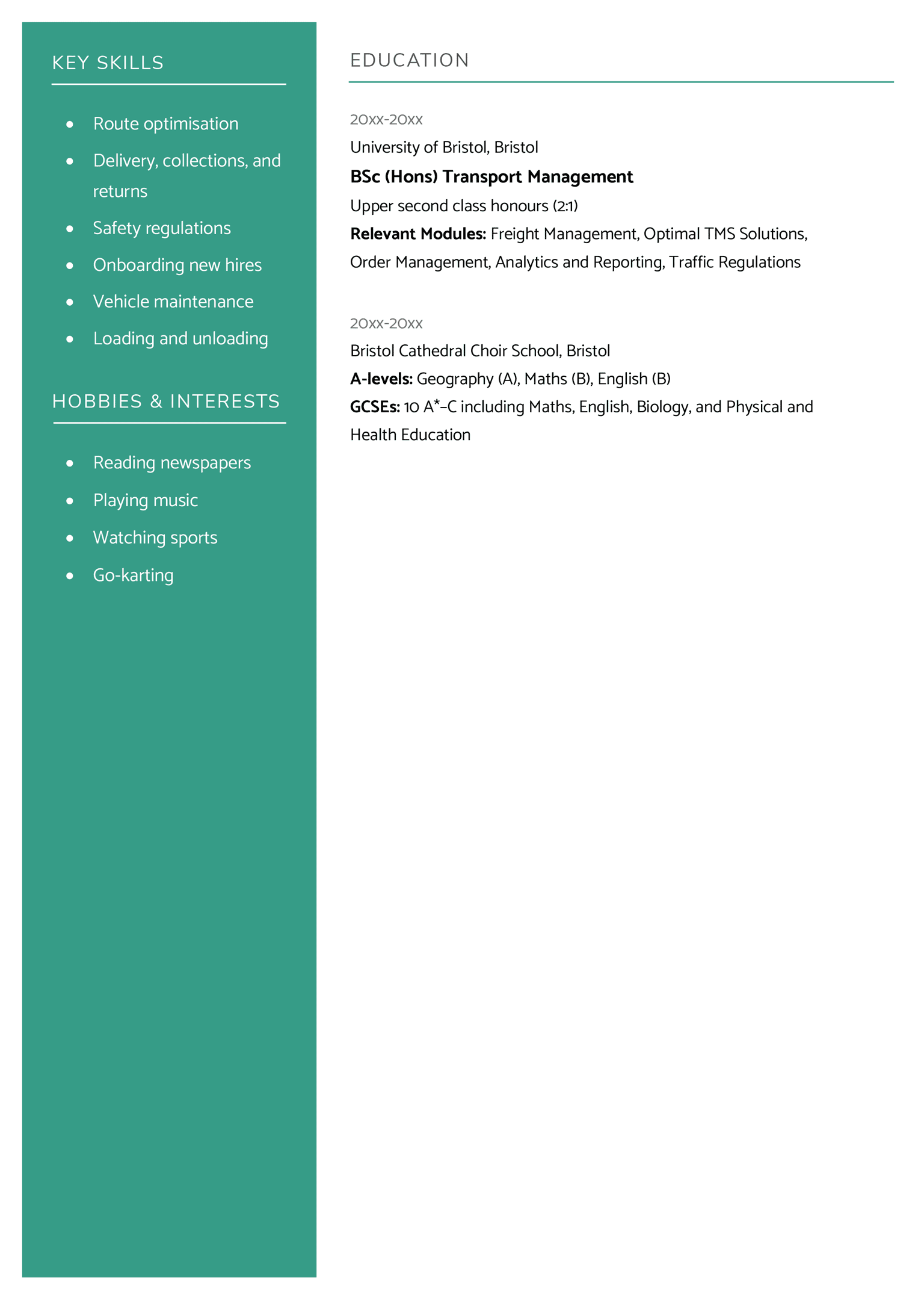 The second page of the Inverness CV template in green, which features a colourful sidebar containing the applicant's key skills and interests. The rest of the page is dedicated to the applicant's qualifications.