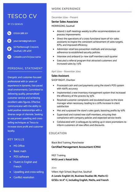 Tesco CV sample using the Inverness template.