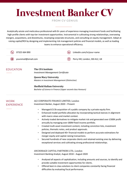 An example investment banker CV sample.