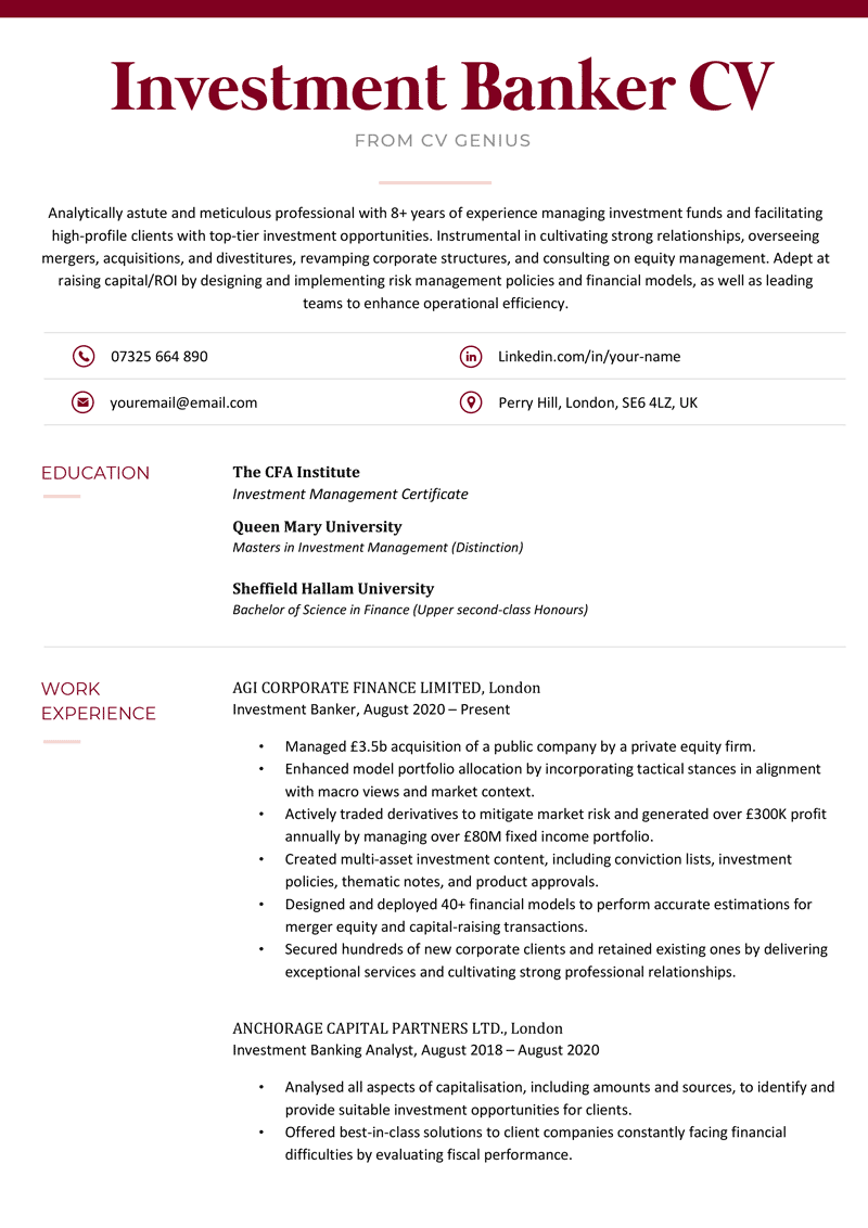 Investment Banker Cv Example Formal Maroon 1 