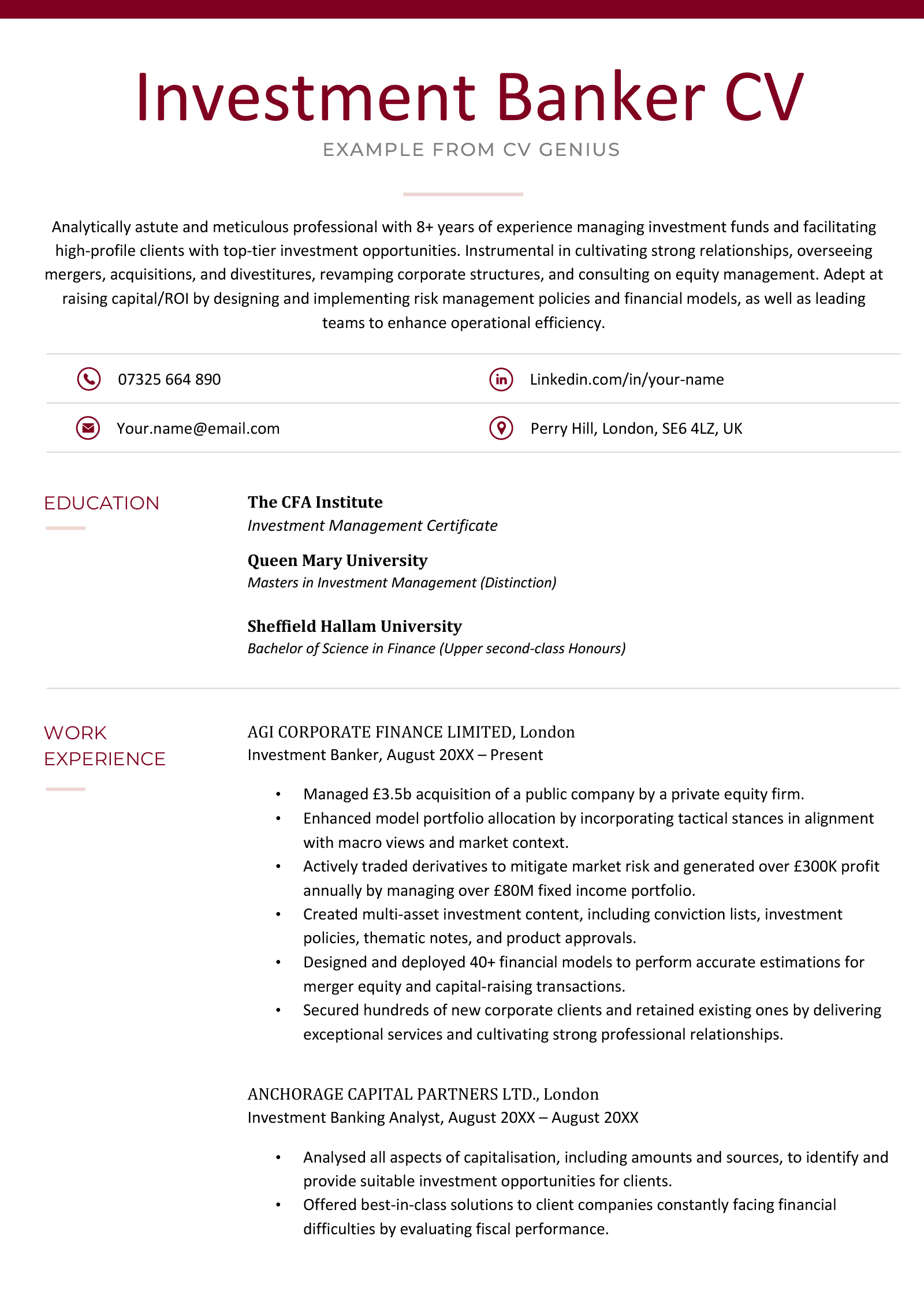 Investment Banking Cv Example Uk