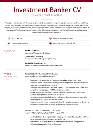 An example investment banker CV.