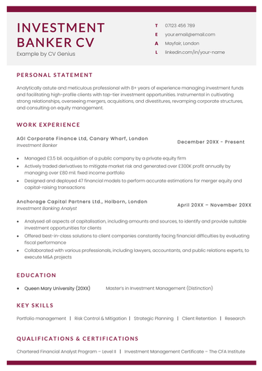 An example investment banker CV.