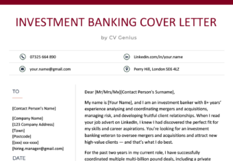 An investment banking cover letter example with red header text and employer contact information in a left-aligned column next to the cover letter text in a right-aligned column