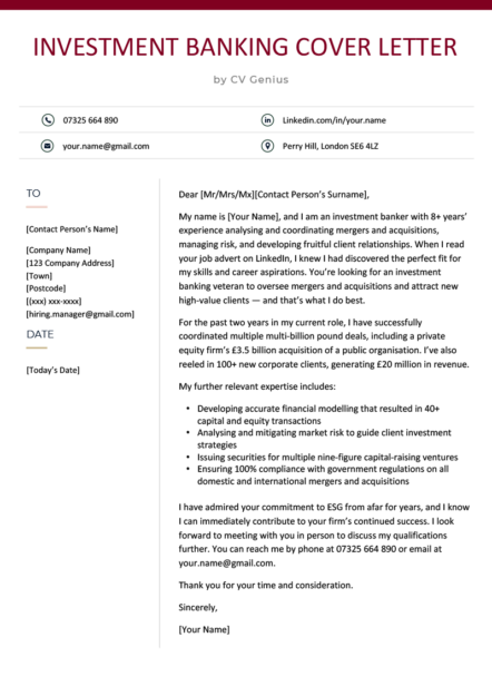 An investment banking cover letter example with red header text and employer contact information in a left-aligned column next to the cover letter text in a right-aligned column