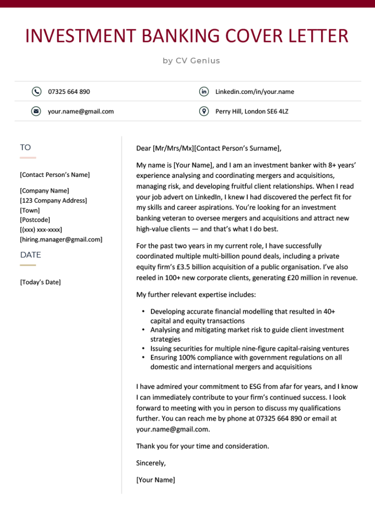 investment banking cover letter format