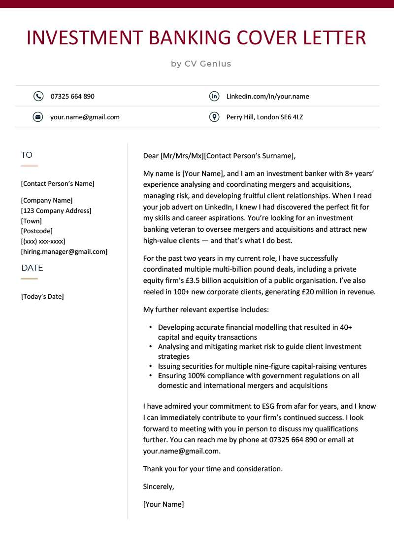 Investment Banking Cover Letter Example & Free Template