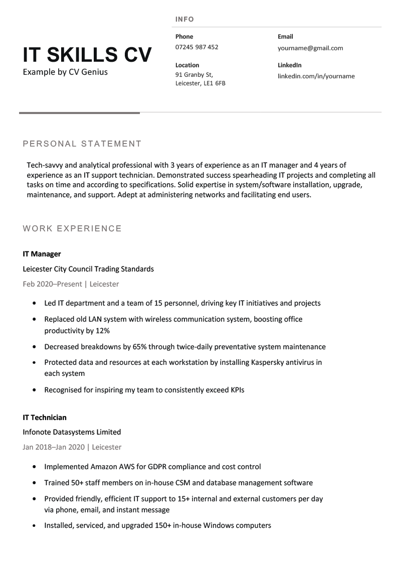 CV example with IT skills in every section in a modern-looking template.