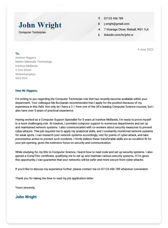 A job application letter with the applicant's name coloured blue and set against a greyscale header and a few paragraphs outlining their qualifications.