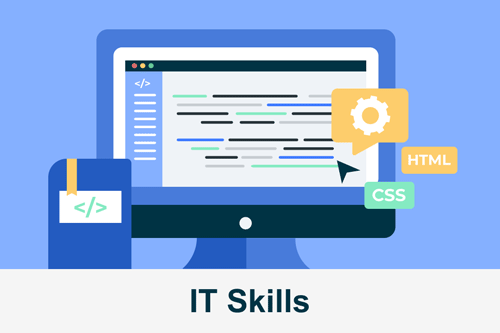 An animated image of a computer that you can use as a work tool to put your IT skills to work. Icons for HTML and CSS show as popups around the computer.