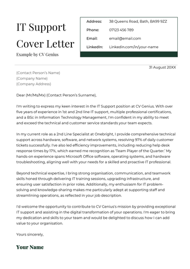 An IT support cover letter example for UK job seekers.