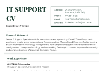 The first page of an IT support CV example with green header text and sections for the applicant's contact information, personal statement, and work experience