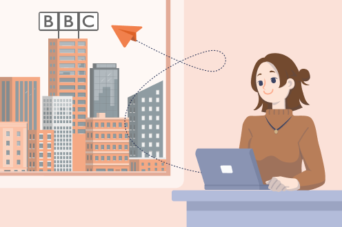 A featured image depicting a job hunter sending a job application follow-up letter to the BBC as a paper aeroplane.