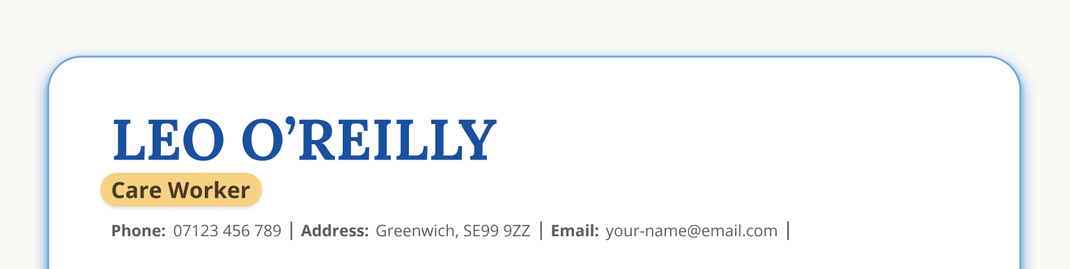 An example of a job title added to the header of a CV.