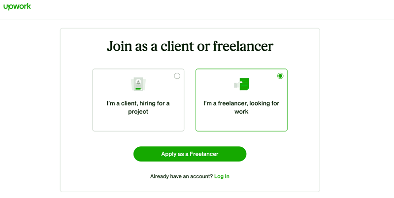 The sign-up page for Upwork, a site perfect for finding teen jobs near you.