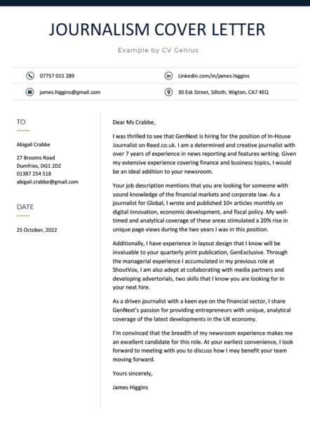 A journalism cover letter example with dark blue header, contact information of the applicant and contact person, and four paragraphs outlining the applicants qualifications, skills, and motivations for applying.
