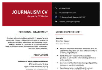 The first page of a journalism CV with a red and black header to highlight the applicant's name and contact information, and their work experience, education, and skills arranged in two columns.