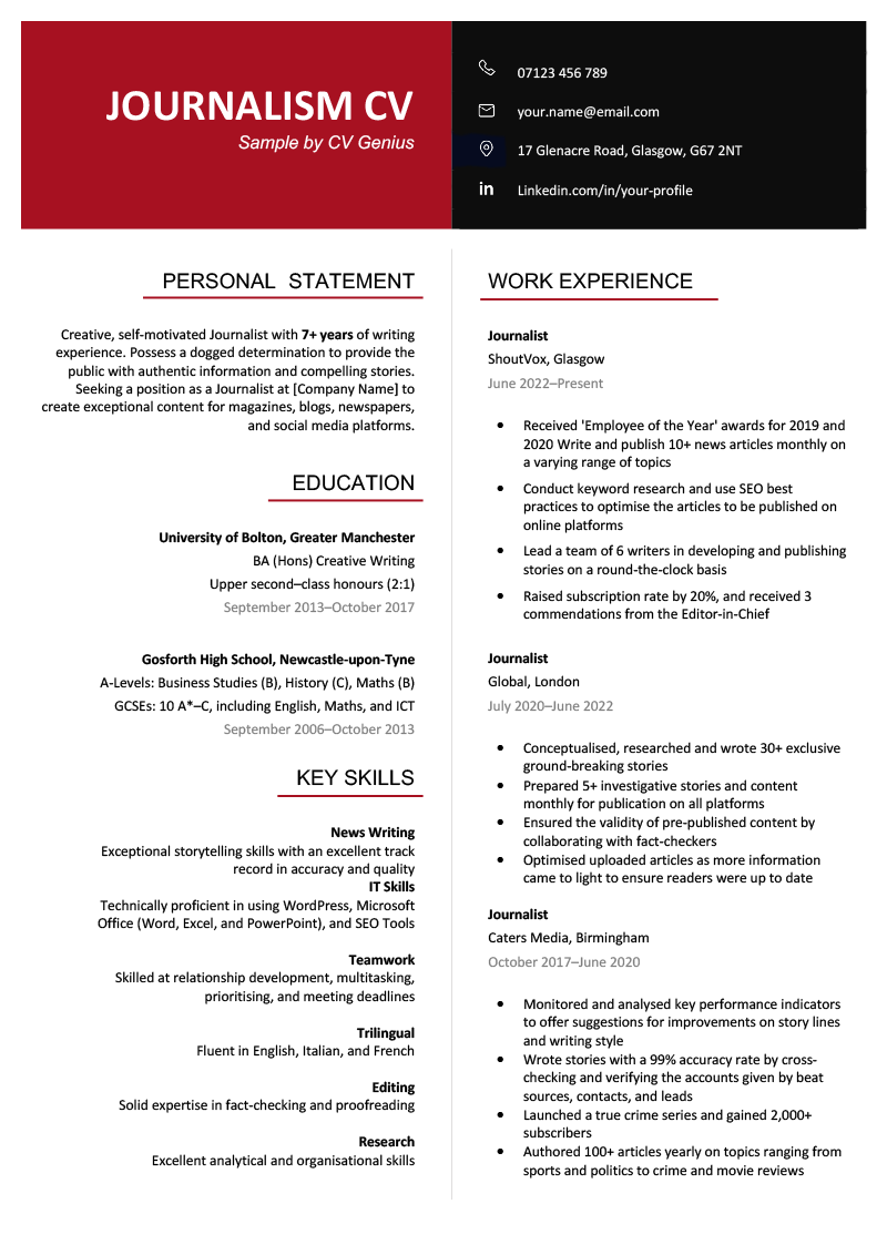 The first page of a journalism CV with a red and black header to highlight the applicant's name and contact information, and their work experience, education, and skills arranged in two columns.