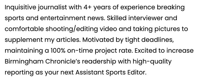 A journalist CV 'About Me' example