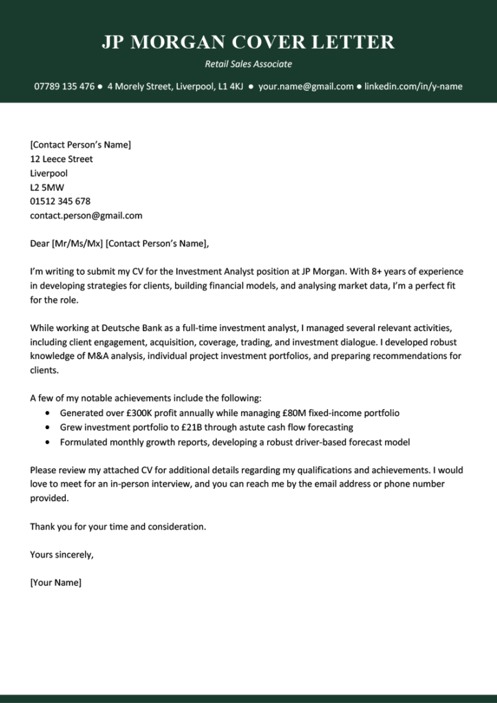 JP Morgan Cover Letter Example Writing Tips 