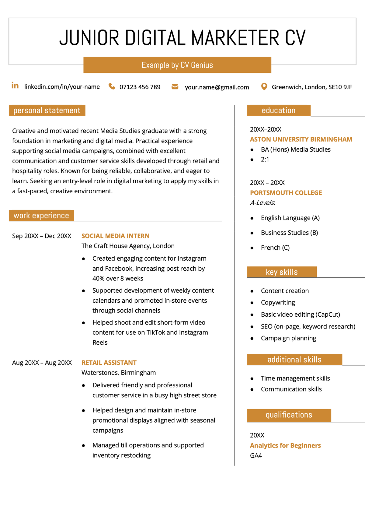 Example of a fresher CV for a junior digital marketer job