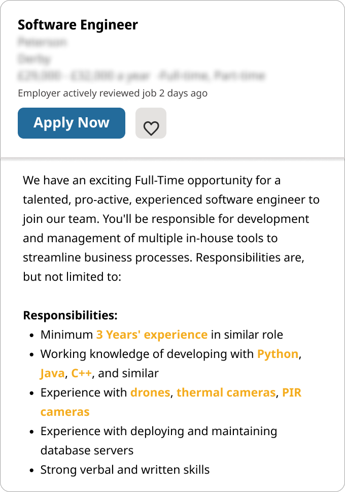 A job description with keywords for a software engineer CV bolded in yellow
