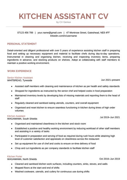 A kitchen assistant CV example.