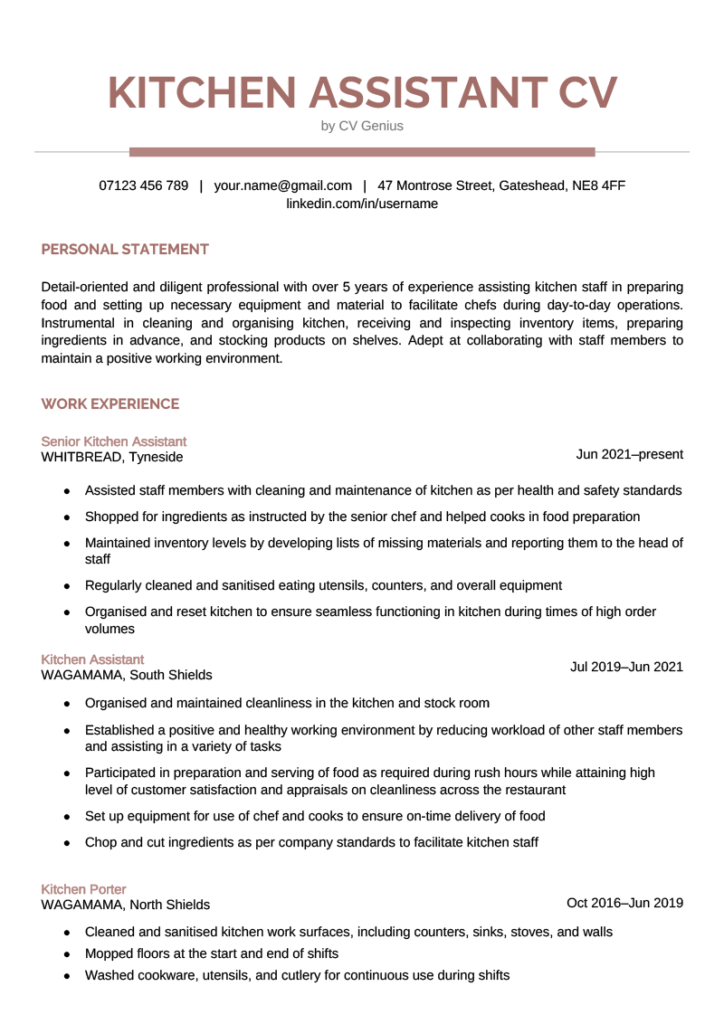 resume cover letter for kitchen assistant