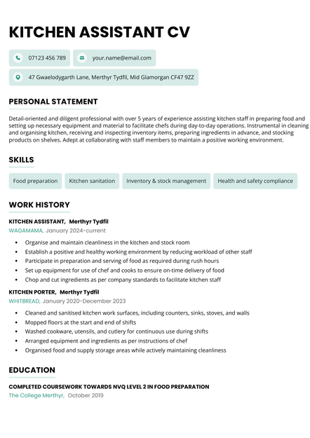 A kitchen assistant CV in the Bristol CV template.