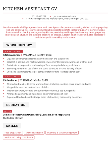 A kitchen assistant CV in the Canterbury CV template.