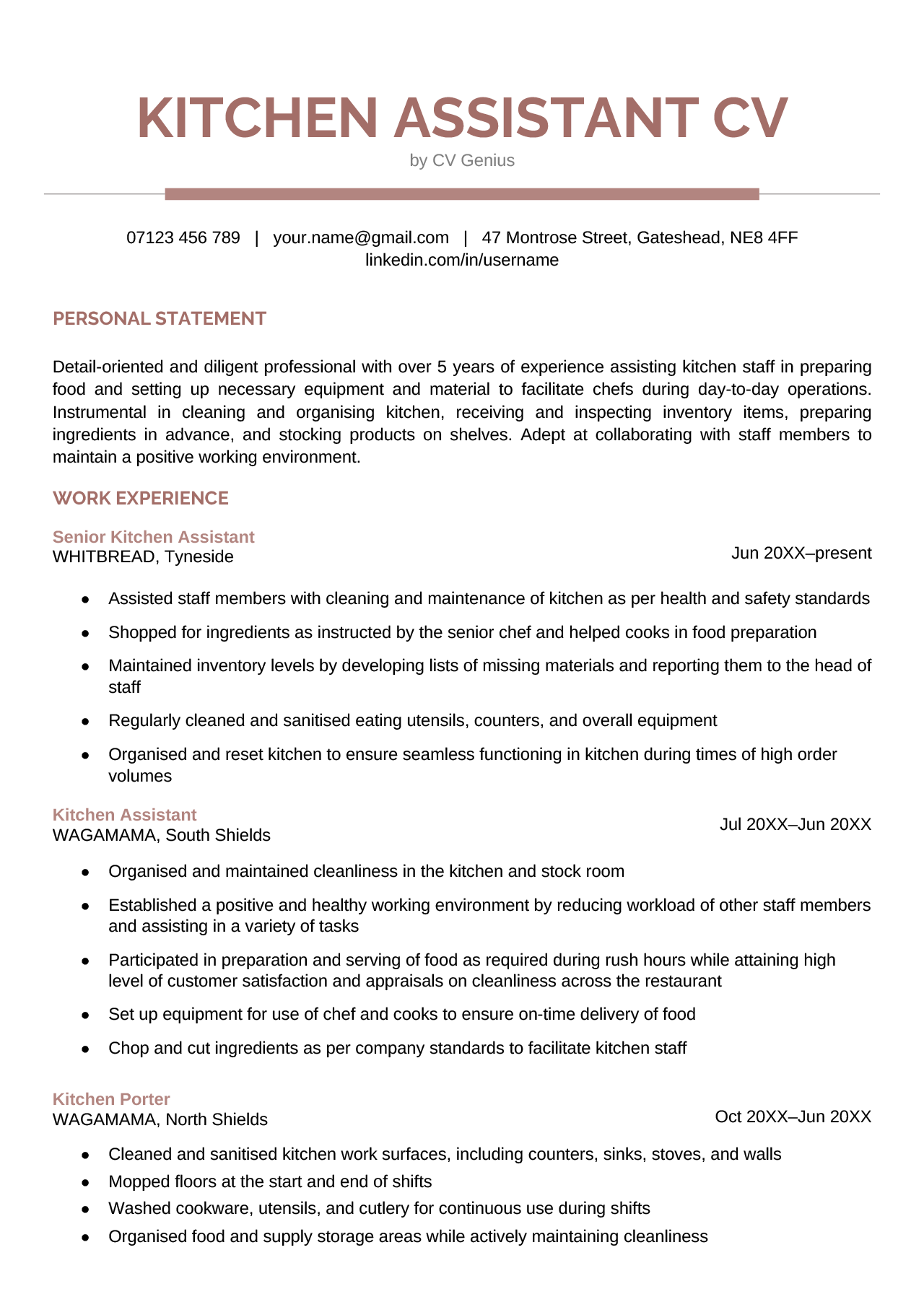 The first page of a kitchen assistant CV example.