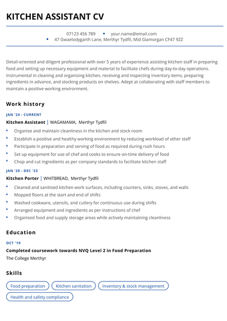 A kitchen assistant CV in the Sheffield CV template.