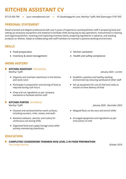 A kitchen assistant CV in the York CV template.