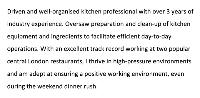 A personal statement for a kitchen assistant CV, detailing the applicant's work experience, strengths, and some previous duties.