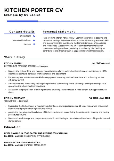 A kitchen porter CV using the Coventry CV template skin