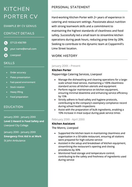 A kitchen porter CV using the Inverness CV template skin