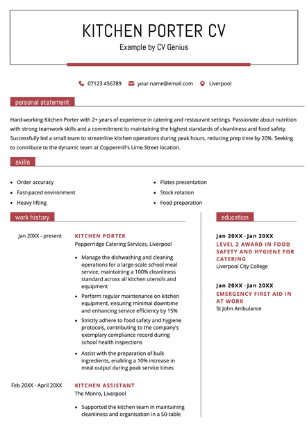 A kitchen porter CV using the Wells CV template skin