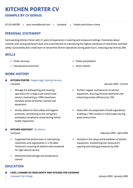 A kitchen porter CV using the York CV template skin