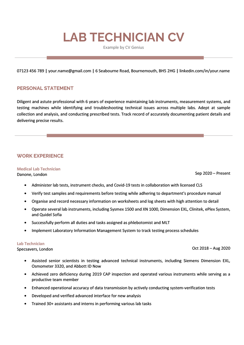 A red lab technician CV with the applicant's professional title, contact information, work experience, skills, and a personal statement highlighting their expertise.