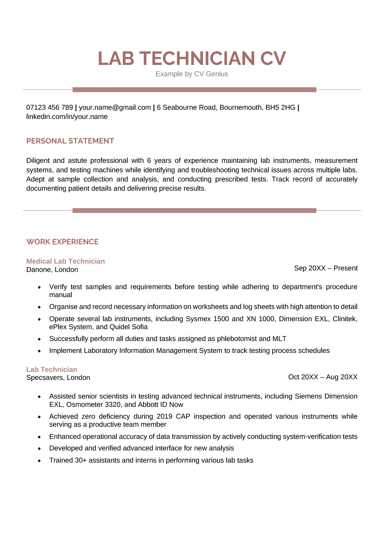 resume format for experienced lab technician