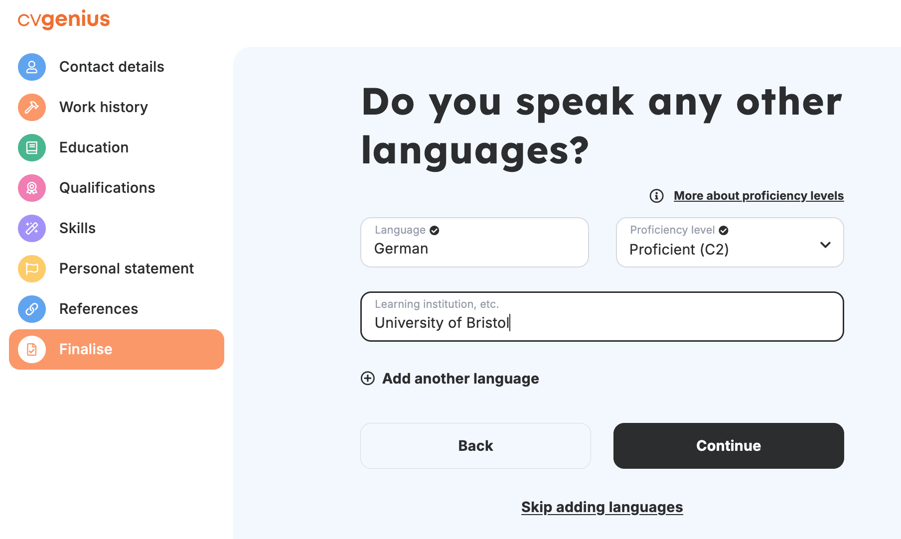 The language skills selector screen of the CV Genius CV maker.