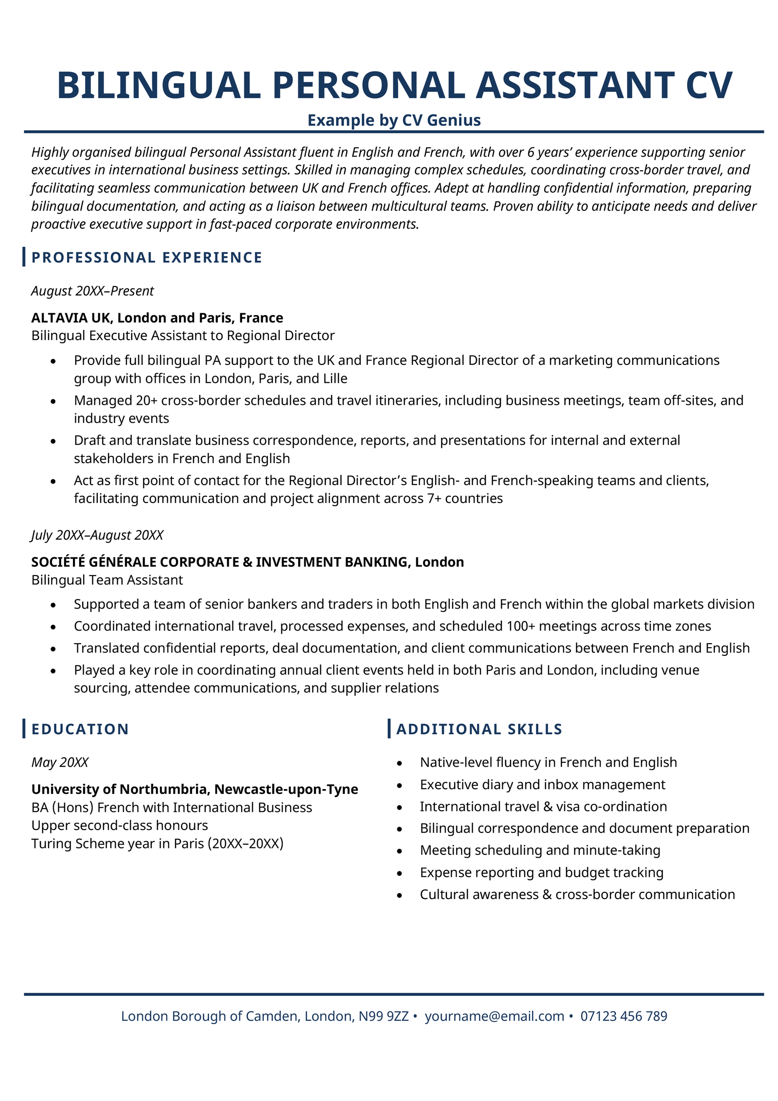 Language skills on a CV for a bilingual PA candidate.